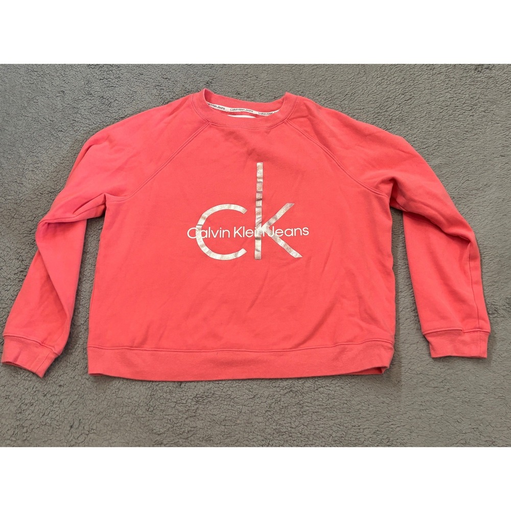 Calvin Klein Jeans Womens Coral Pink Silver Metallic Logo Sweatshirt Size L